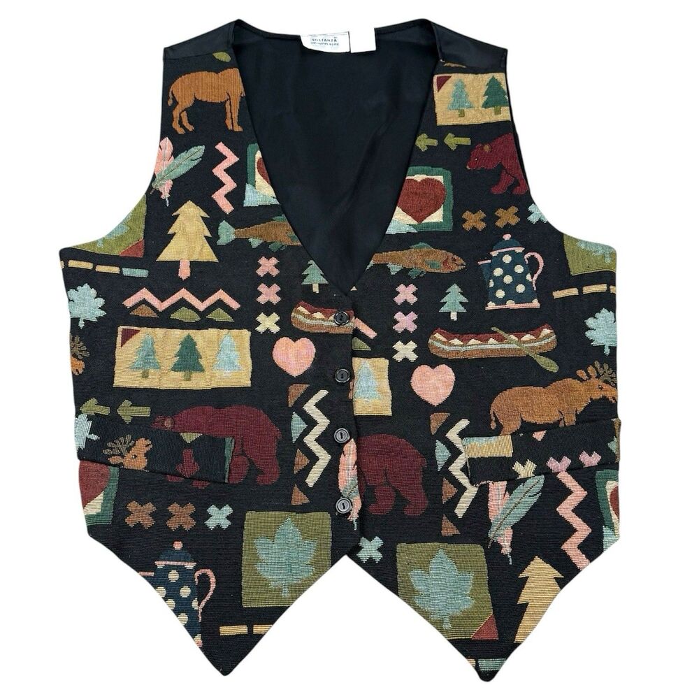 Vintage Sostanza Tapestry Vest L XL Woodland Bear Moose Canoe Black